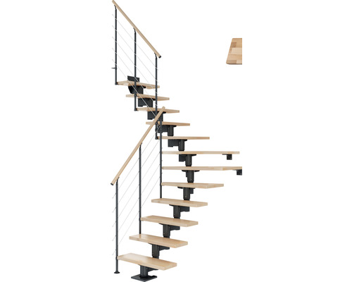 Escalier à limon central Pertura Chiron anthracite 75 cm garde-corps à barres horizontales hêtre bois lamellé-collé vernis 13 marches 14 pas de marche