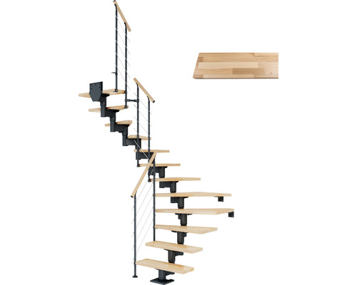 Escalier à limon central Pertura Chiron anthracite 75 cm garde-corps à barres horizontales hêtre bois lamellé-collé vernis 13 marches 14 pas de marche