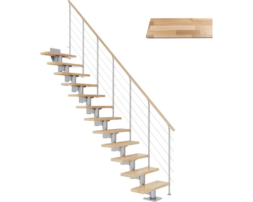 Escalier à limon central Pertura Chiron gris perle 75 cm garde-corps à barres horizontales bois de hêtre lamellé-collé verni(e) 11 marches/12 pas de marche