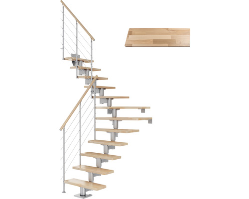 Escalier à limon central Pertura Chiron gris perle 75 cm garde-corps à barres horizontales hêtre bois lamellé-collé vernis 14 marches 15 pas de marche Escalier gain de place avec marches en bois et rampe en métal