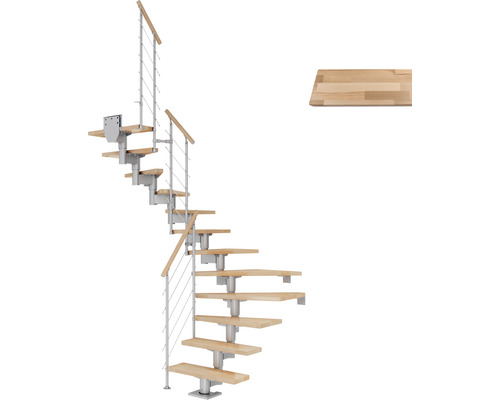 Escalier à limon central Pertura Chiron gris perle 75 cm garde-corps à barres horizontales hêtre bois lamellé-collé vernis 12 marches 13 pas de marche