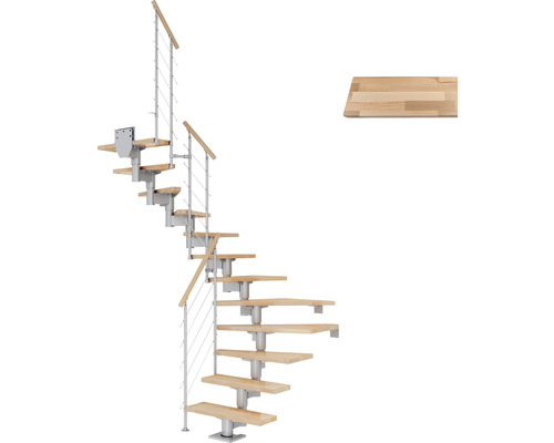 Escalier à limon central Pertura Chiron gris perle 75 cm garde-corps à barres horizontales hêtre bois lamellé-collé vernis 13 marches 14 pas de marche