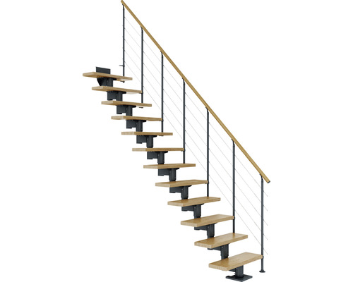 Escalier à limon central Pertura CHiron anthracite 75 cm garde-corps à barres horizontales chêne vernis 14 marches 15 pas de marche