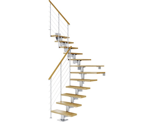 Escalier à limon central Pertura Chiron gris perle 75 cm garde-corps à barres horizontales chêne bois lamellé-collé vernis 13 marches 14 pas de marche