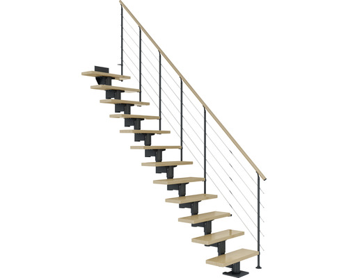 Escalier à limon central Pertura Chiron anthracite 75 cm garde-corps à barres horizontales erable lamellé-collé verni(e) 14 marches/15 pas de marche