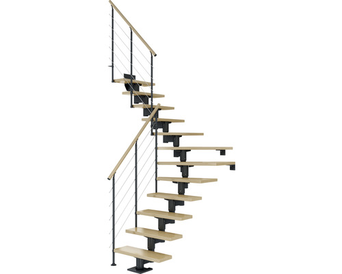Escalier à limon central Pertura Chiron anthracite 75 cm garde-corps à barres horizontales érable bois lamellé-collé vernis 13 marches 14 pas de marche Escalier en colimaçon avec marches en bois, garde-corps en métal et main courante