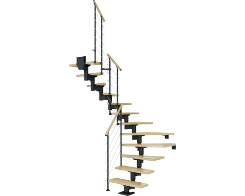 Escalier à limon central Pertura Chiron anthracite 75 cm garde-corps à barres horizontales érable bois lamellé-collé vernis 11 marches 12 pas de marche