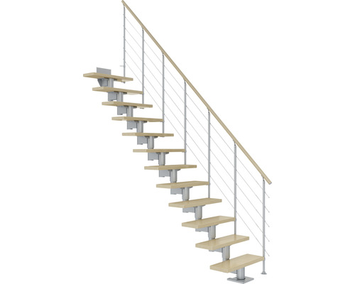 Escalier à limon central Pertura Chiron gris perle 75 cm garde-corps à barres horizontales érable bois lamellé-collé vernis 11 marches 12 pas de marche