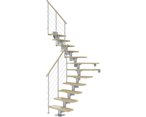 Escalier à limon central Pertura Chiron gris perle 75 cm garde-corps à barres horizontales érable bois lamellé-collé vernis 11 marches 12 pas de marche