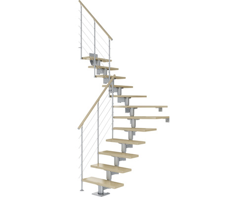 Escalier à limon central Pertura Chiron gris perle 75 cm garde-corps à barres horizontales érable bois lamellé-collé vernis 12 marches 13 pas de marche Escalier gain de place avec rampe et marches en bois