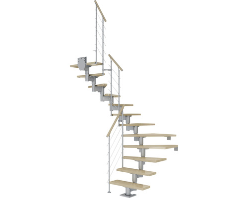 Escalier à limon central Pertura Chiron gris perle 75 cm garde-corps à barres horizontales érable bois lamellé-collé vernis 12 marches 13 pas de marche