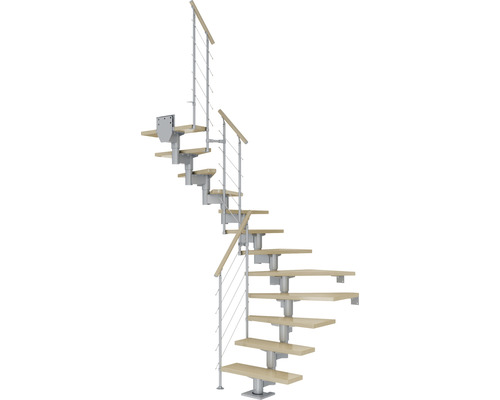 Escalier à limon central Pertura Chiron gris perle 75 cm garde-corps à barres horizontales érable bois lamellé-collé vernis 14 marches 15 pas de marche