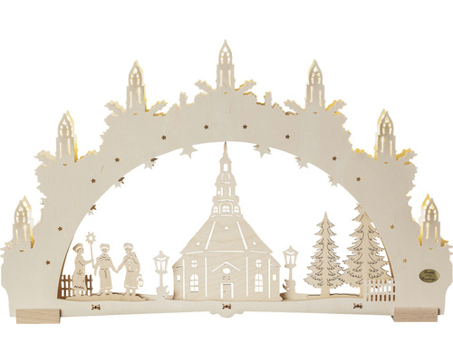 Arc lumineux avec église, Rois mages et silhouette de la ville