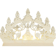 Helle Holzbogenleuchte mit Engels-, Kirchen- und Sternmotiven