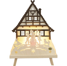 Dekorative Fensterbeleuchtung mit Hausmotiv, Kindern und Schneemann