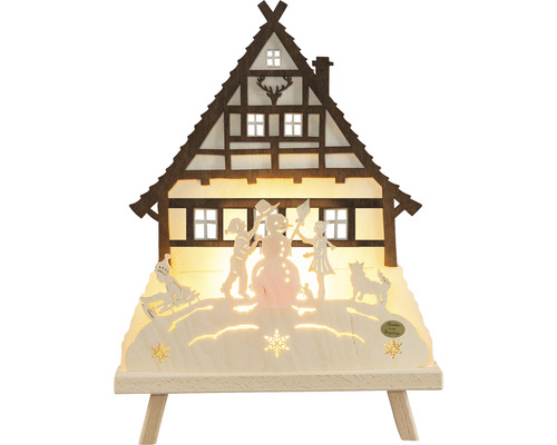 Éclairage de fenêtre décoratif avec motif de maison, enfants et bonhomme de neige