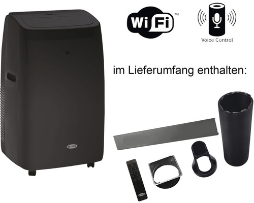 Climatiseur mobile WIFI avec tuyau d'évacuation 9000 BTU Silent noir pour une pièce allant jusqu'à 80 m³/32 m² climatiseur local