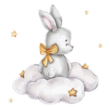 Illustration eines Hasen mit Schleife auf einer Wolke