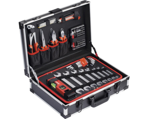 Geöffneter Werkzeugkoffer mit diversen Werkzeugen wie Schraubenschlüssel, Zangen und Wasserwaage