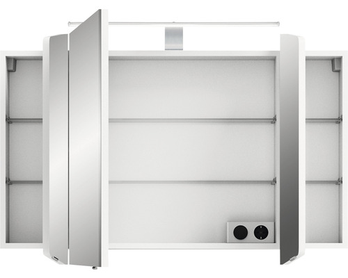 Armoire de toilette blanche avec portes ouvertes, éclairage et prises