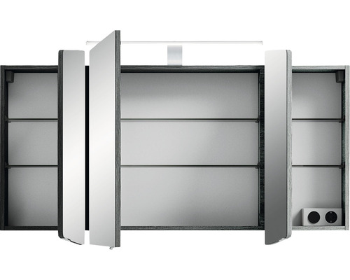 Armoire de toilette ouverte avec étagères, éclairage et prise