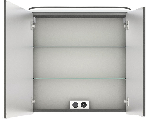 Armoire de toilette ouverte avec deux étagères en verre et prises de courant