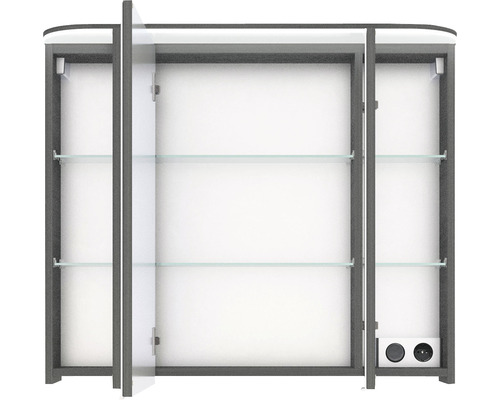 Armoire de toilette ouverte avec étagères en verre et prises