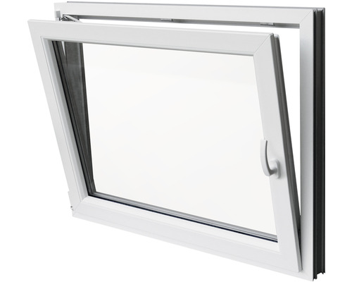 Fenêtre en plastique blanche avec fonction oscillo-battante présentée ouverte.