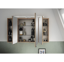 Armoire de toilette ouverte avec étagères en verre et articles de salle de bains