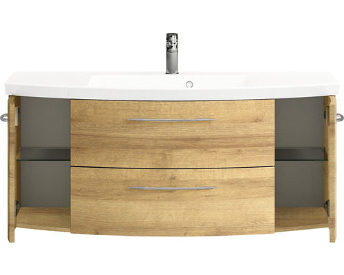 Meuble sous-lavabo avec compartiment ouvert, tiroirs, lavabo et robinetterie