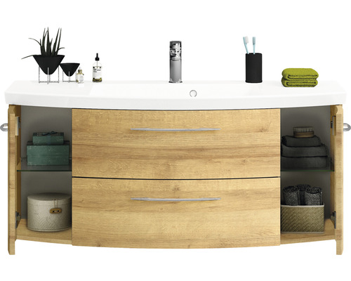 Meuble sous-lavabo avec deux tiroirs et espace de rangement avec étagères