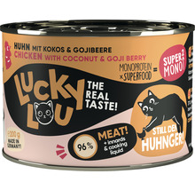 Aliments pour chats Lucky Lou Poulet, noix de coco et baie de goji, boîte de 200 grammes