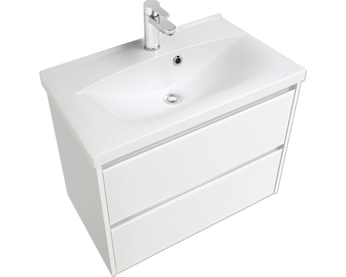 Meuble sous-vasque 3261 blanc mat avec façade vitrée lxhxp 75 x 52,9 x 42 cm Meuble sous-vasque avec deux tiroirs et robinet