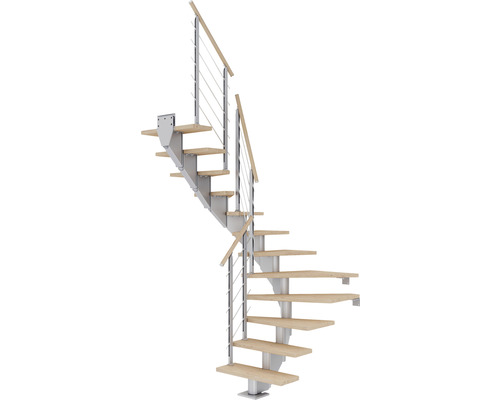 Escalier à limon central Pertura Alena gris perle 75 cm garde-corps à barres horizontales chêne huilé 13 marches/14 pas de marche