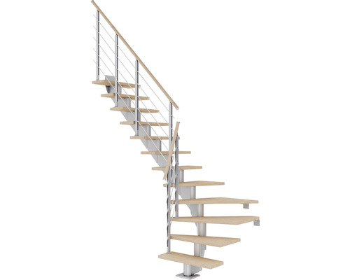 Escalier à limon central Pertura Alena gris perle 75 cm garde-corps à barres horizontales chêne bois lamellé-collé huilé 11 marches 12 pas de marche