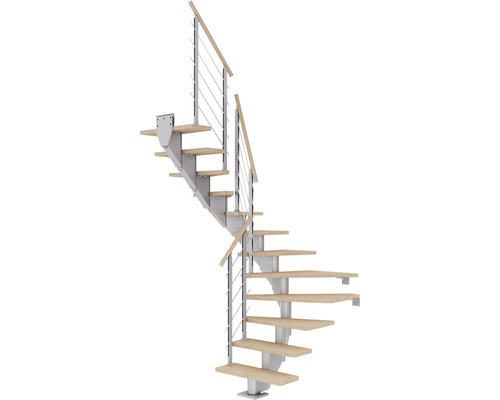 Pertura Escalier à limon central Alena gris perle 1/2 spirale bas gauche/droite 75 cm balustrade chêne blanc huilé 11 marches / 12 pas de marche