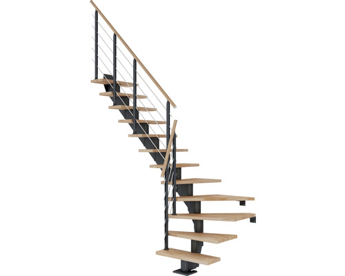 Escalier à limon central Pertura Alena anthracite 85 cm garde-corps à barres horizontales hêtre bois lamellé-collé huilé 12 marches 13 pas de marche Escalier gain de place avec marches en bois et rampe en métal