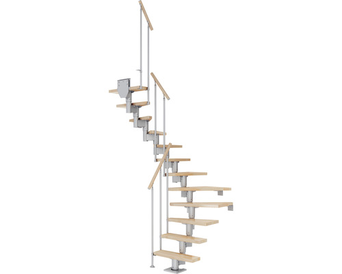 Escalier à limon central Pertura Spiros gris perle 75 cm garde-corps à barres verticales hêtre bois lamellé-collé vernis 12 marches 13 pas de marche