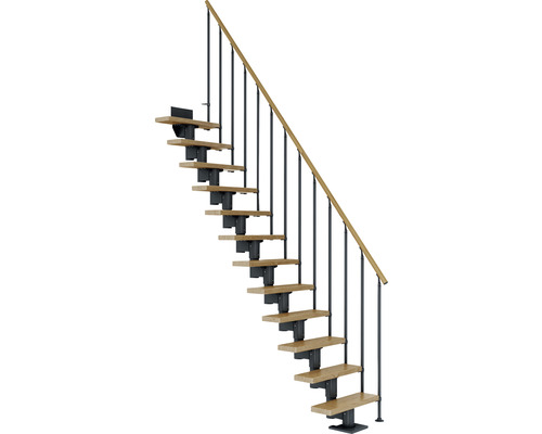 Escalier à limon central Pertura Spiros anthracite 75 cm garde-corps à barres verticales chêne vernis 11 marches 12 pas de marche
