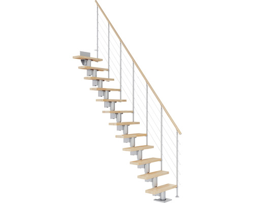 Escalier à limon central Pertura Spiros gris perle 65 cm garde-corps à barres horizontales hêtre bois lamellé-collé vernis 11 marches 12 pas de marche