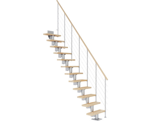 Escalier à limon central Pertura Spiros gris perle 65 cm garde-corps à barres horizontales bois de hêtre lamellé-collé verni(e) 11 marches/12 pas de marche