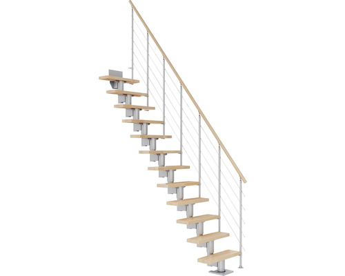 Escalier à limon central Pertura Spiros gris perle 65 cm garde-corps à barres horizontales bois de hêtre lamellé-collé verni(e) 13 marches/14 pas de marche