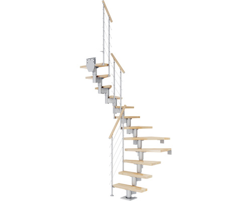 Escalier à limon central Pertura Spiros gris perle 65 cm garde-corps à barres horizontales hêtre bois lamellé-collé vernis 12 marches 13 pas de marche