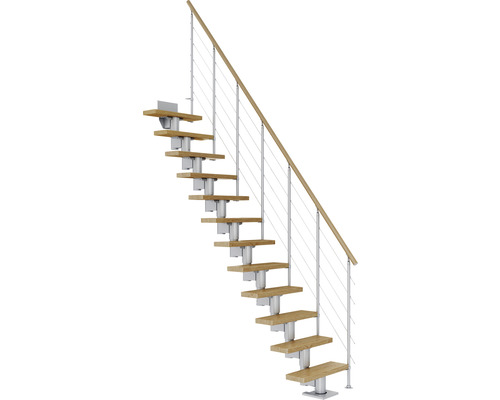 Escalier à limon central Pertura Spiros gris perle 65 cm garde-corps à barres horizontales chêne vernis 11 marches 12 pas de marche