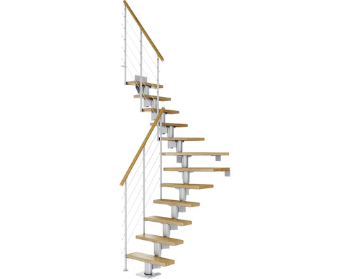 Escalier à limon central Pertura Spiros gris perle 65 cm garde-corps à barres horizontales chêne vernis 13 marches 14 pas de marche Escalier en colimaçon avec marches en bois et garde-corps en métal