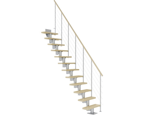 Escalier à limon central Pertura Spiros gris perle 65 cm garde-corps à barres horizontales erable lamellé-collé verni(e) 11 marches/12 pas de marche