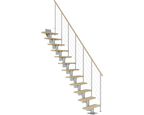 Escalier à limon central Pertura Spiros gris perle 65 cm garde-corps à barres horizontales erable lamellé-collé verni(e) 13 marches/14 pas de marche