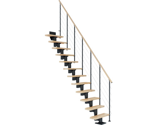 Escalier à limon central Pertura Spiros anthracite 65 cm garde-corps à barres horizontales hêtre bois lamellé-collé vernis 11 marches 12 pas de marche