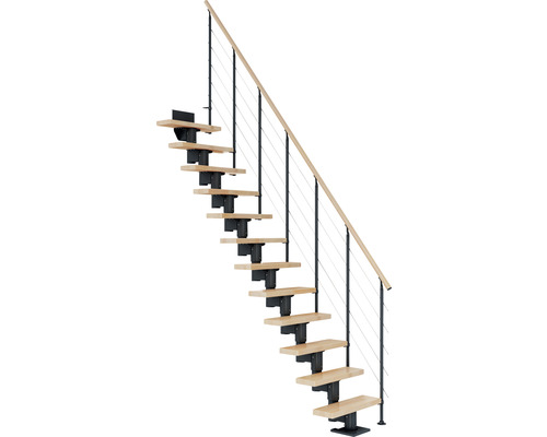 Escalier à limon central Pertura Spiros anthracite 65 cm garde-corps à barres horizontales bois de hêtre lamellé-collé verni(e) 11 marches/12 pas de marche