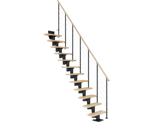 Escalier à limon central Pertura Spiros anthracite 65 cm garde-corps à barres horizontales hêtre bois lamellé-collé vernis 13 marches 14 pas de marche